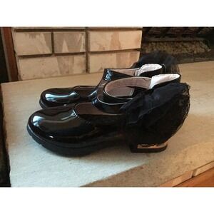Kids Black Patent Mary Jane Shoes Sz 2.5 Lace Flower Detail Size 34